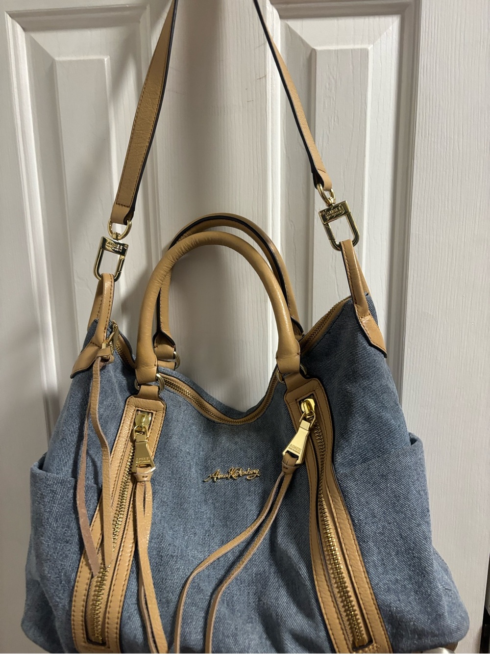 Aimee Kestenberg Denim Leather Satchel - Tan Trim & Double Zippers - EUC - Picture 6 of 13